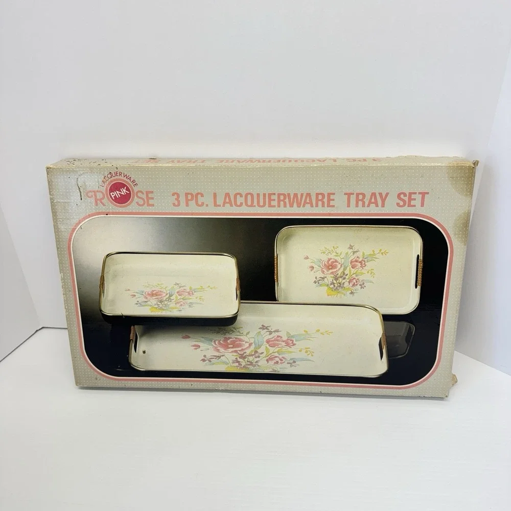 Vintage Lacquerware 3 Piece Tray Set Rose NOS Sealed In Box Jay Imports Japan